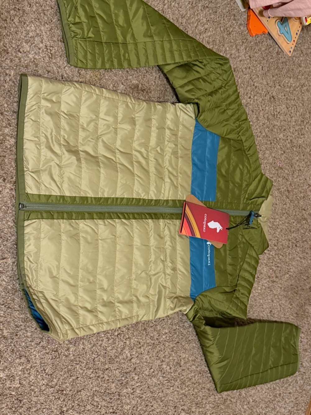 cotopaxi Two-Tone Olive & Light Green Puffer with Blue Stripe